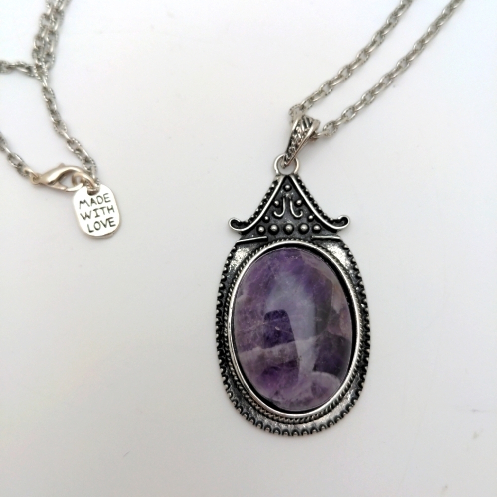 Antique Silver Necklace with Amethyst Amulet - Picture 2 of 4